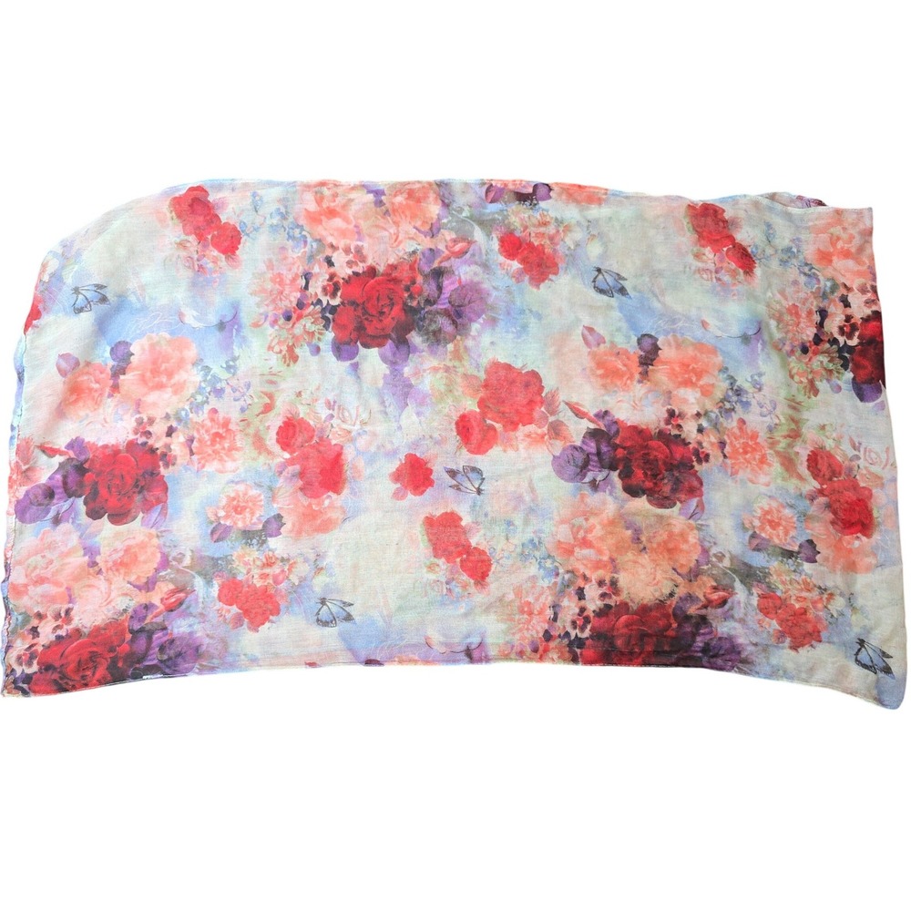 Infinity Scarf Red Purple Floral Butterfly Wrap Cover Up Lightweight  34"x19"